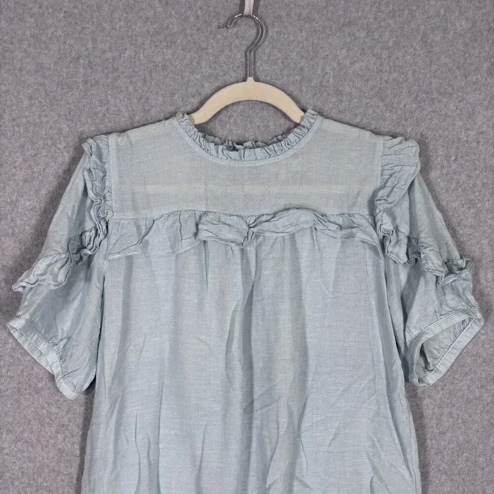 LOFT Ruffle Blouse Medium Baby Blue Linen Puff Feminine‎ Cottage Coquette Dainty